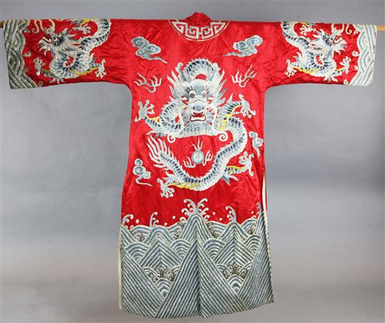 A Chinese embroidered silk dragon robe,